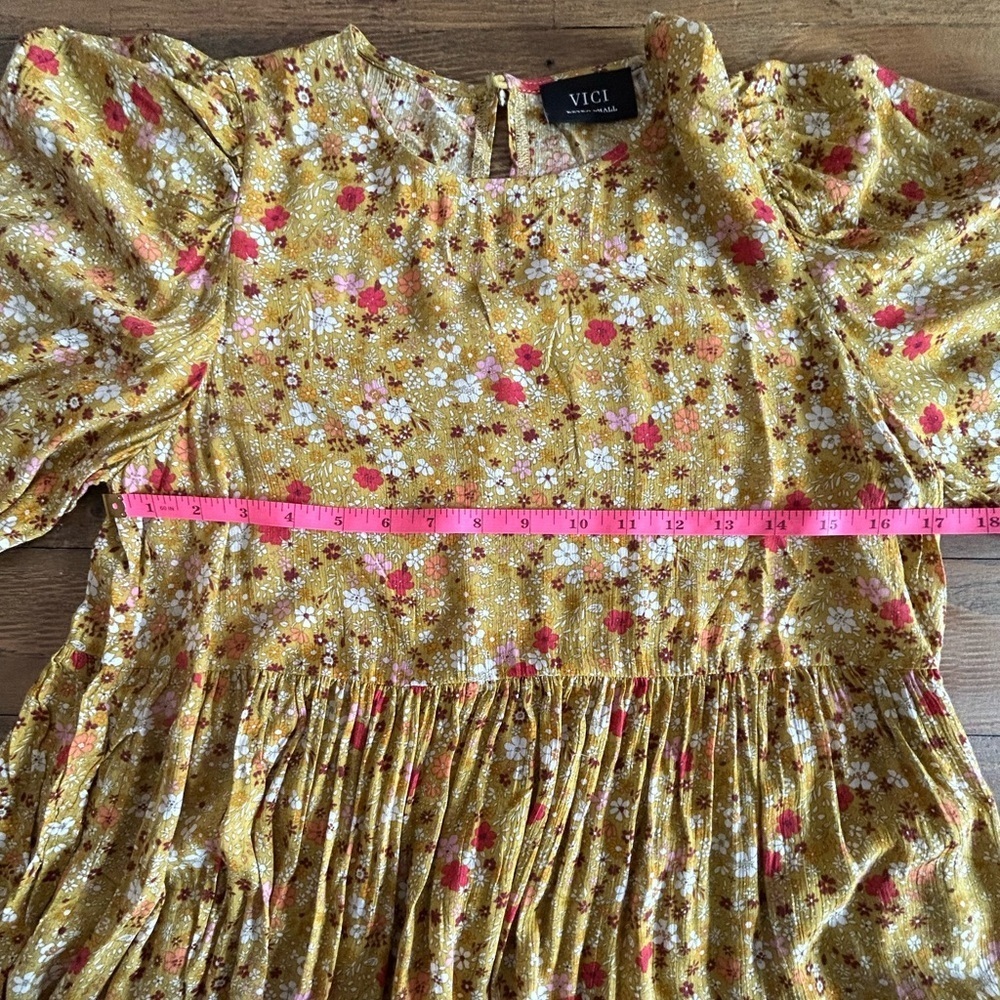 VICI Floral Babydoll Peplum Mustard  Mini floral Yellow Boho Cottagecore Top - Picture 9 of 11